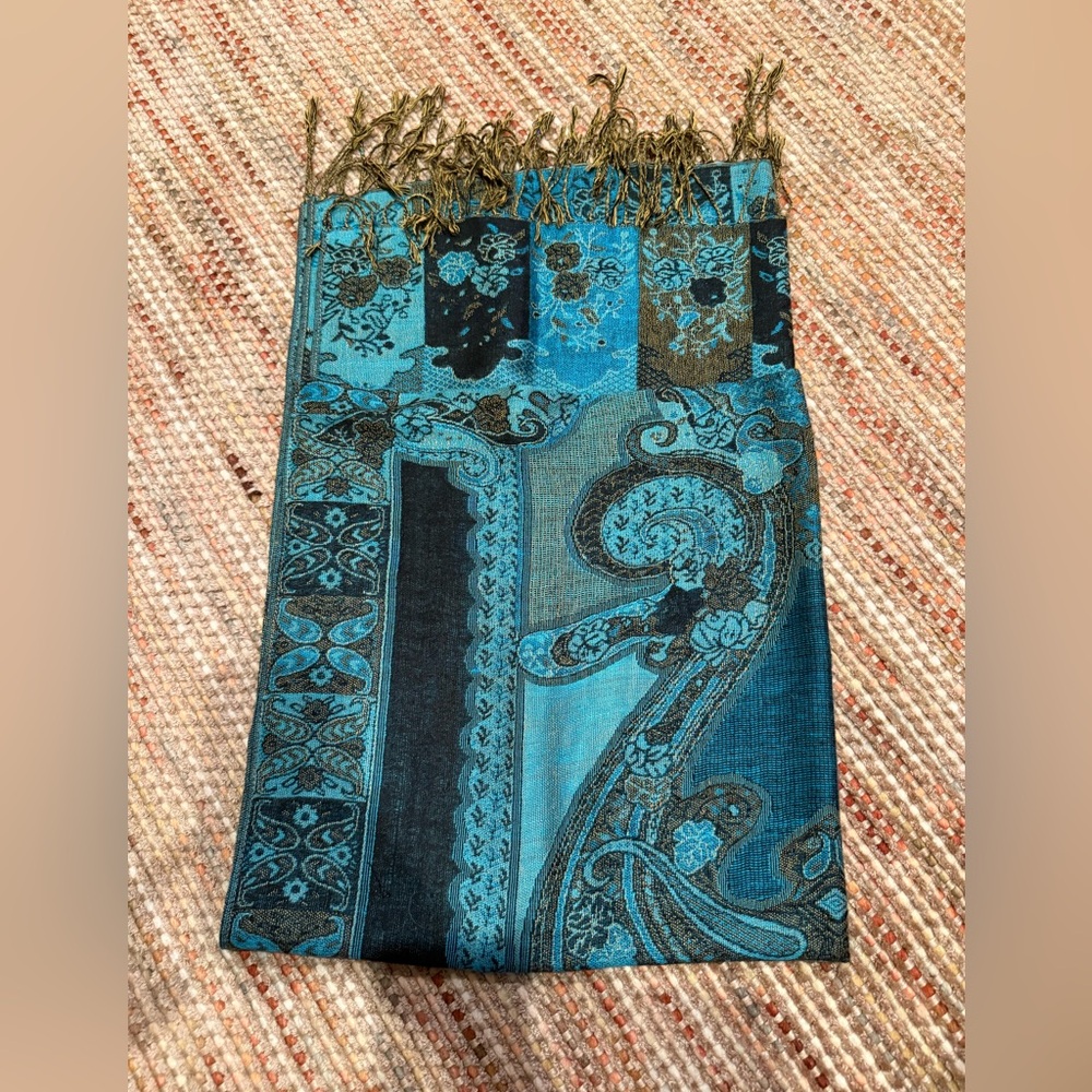Blue Gold and Black Patterned Scarf